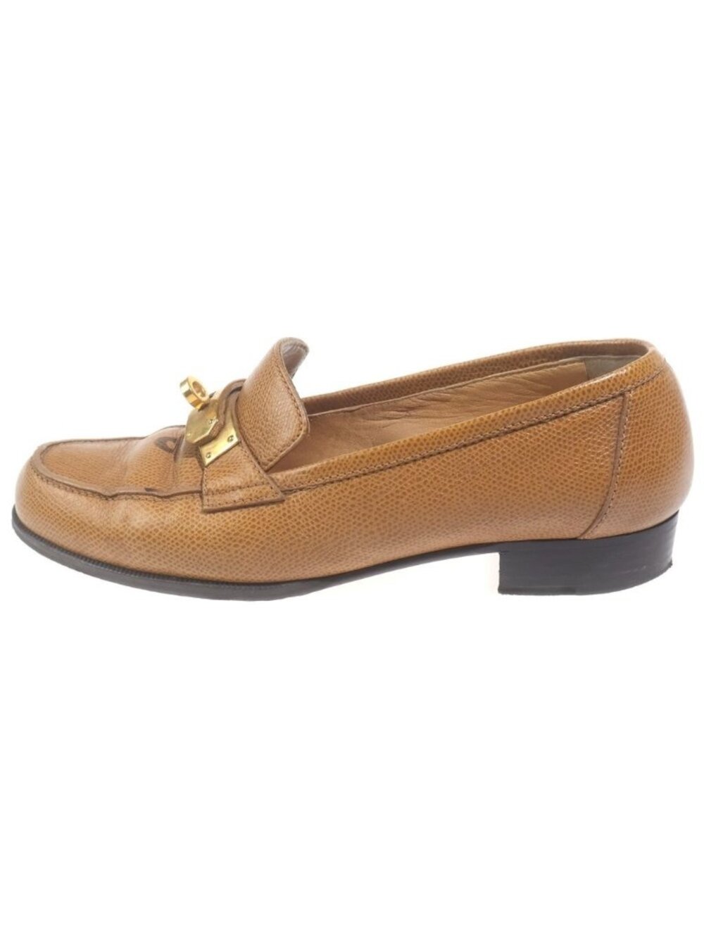 Hermes Kelly Buckle Leather Loafers Shoes Brown Gold
